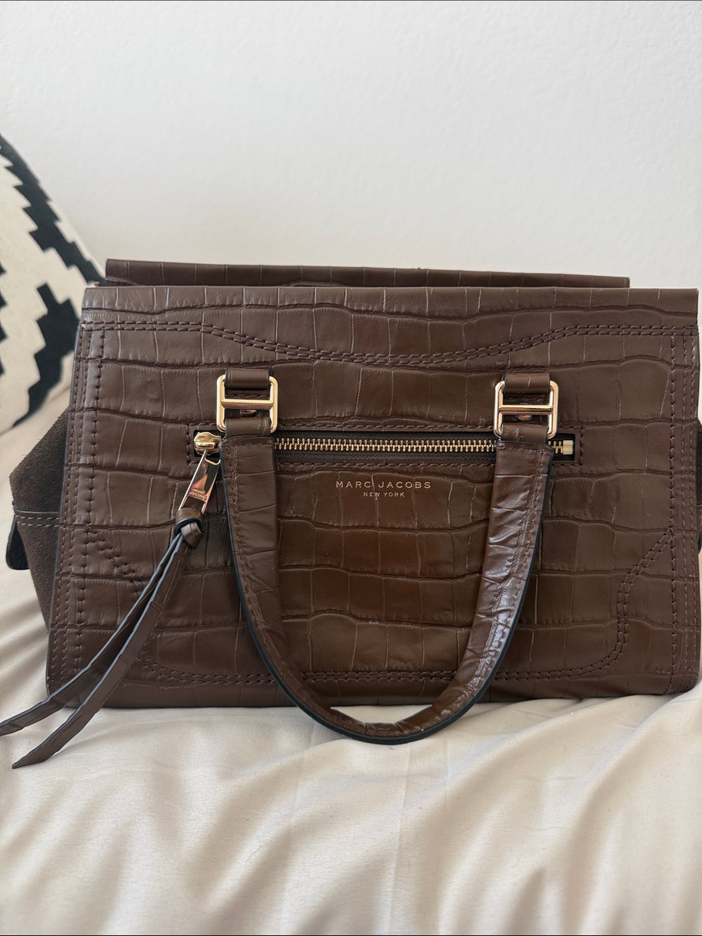 Marc Jacobs Chocolate Brown Croc-Embossed Leather Satchel with Gold Hardware